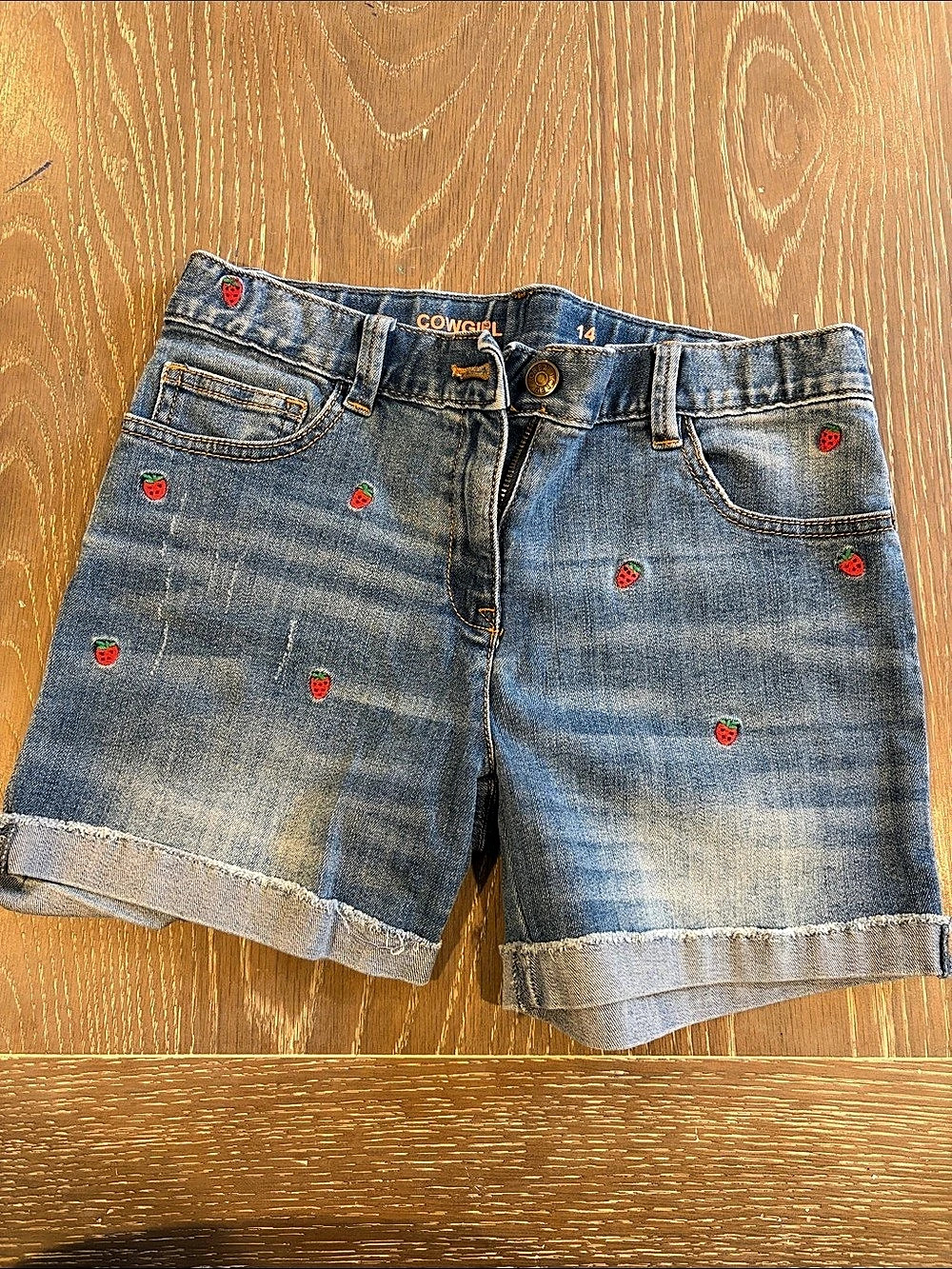 Cowgirl Tuff Girls Denim Strawberry Shorts Size 14